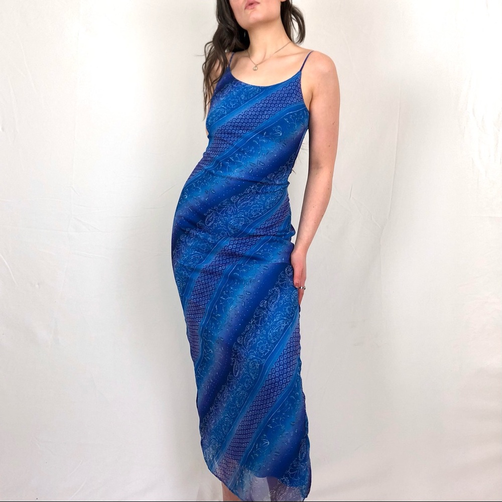 90s blue paisley & ombré stripe effect maxi dress